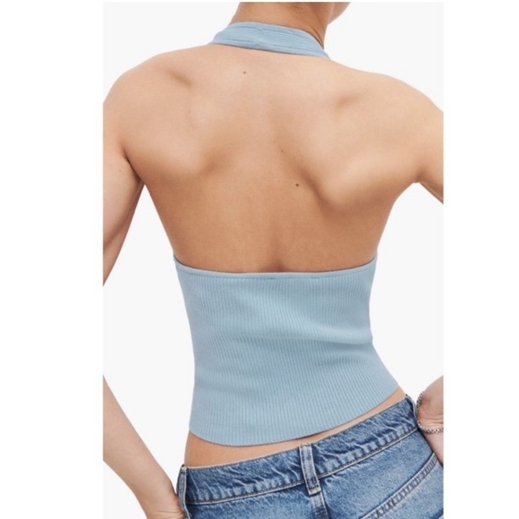 Reformation Carol Cotton Sweater Tank Ribbed Halter Crop Top Mineral Blue - Picture 4 of 13